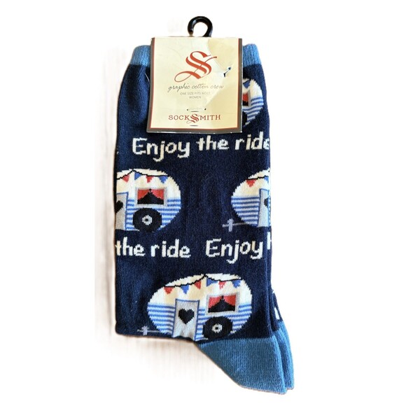 Socksmith Women's Crew Socks Enjoy The Ride Vintage Trailer Novelty Footwear - Picture 1 of 3